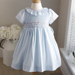 Blue Smocked Dress Hand Embroidery Pin Tucks Luli & Me Boutique GORGEOUS NWT